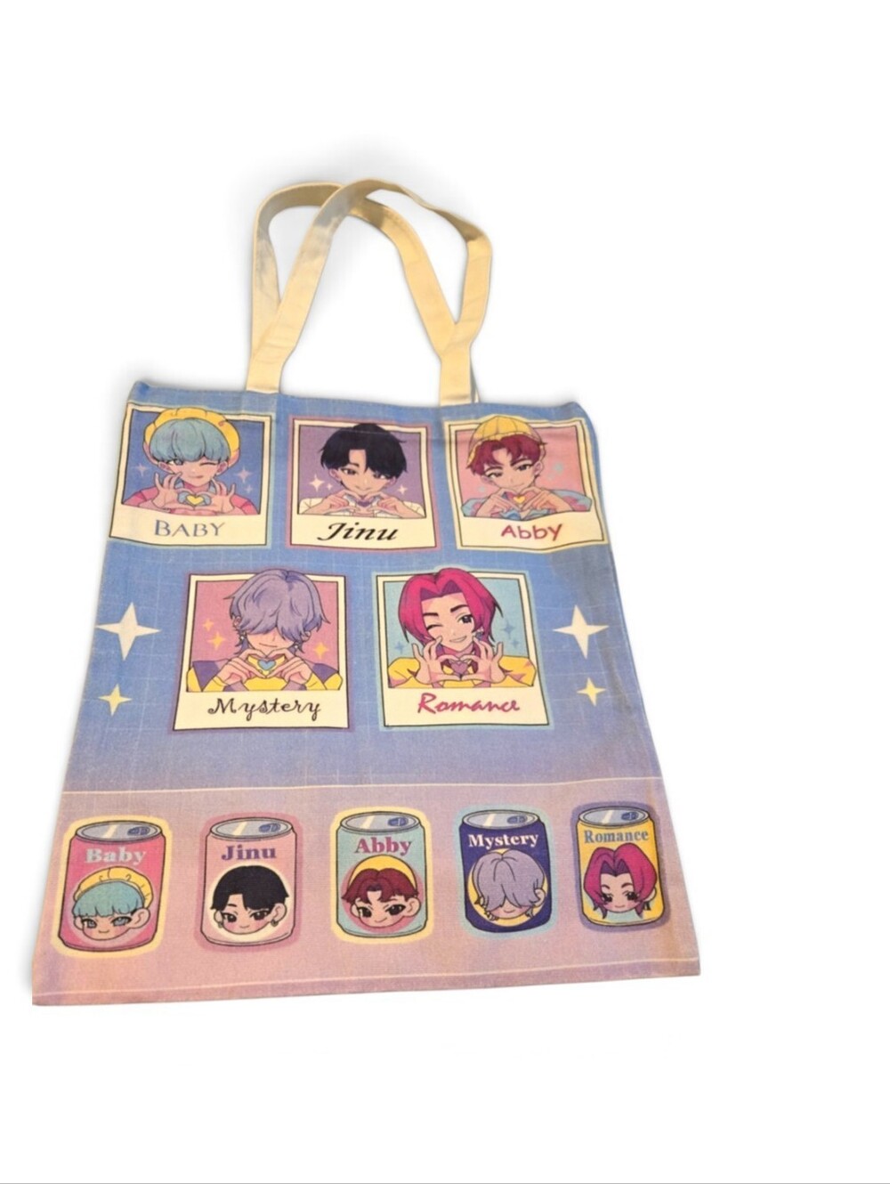 Pastel Character Print Tote Bag - Blue and Yellow